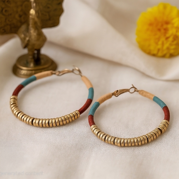 Handmade Colorblock Golden Beaded Hoops Indian Artisan Boho Chic Trendy Style - Picture 11 of 13